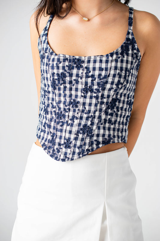 Maggie Navy Floral Gingham Corset Top
