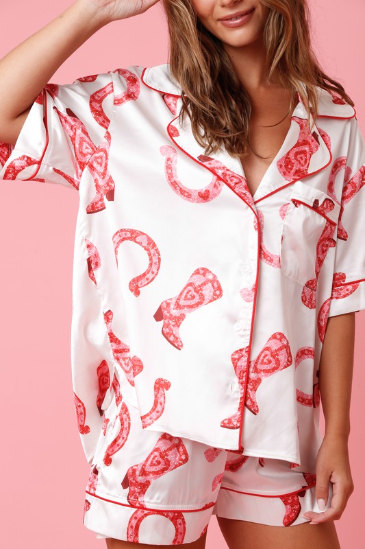 Pink Cowgirl Satin Pajama Set