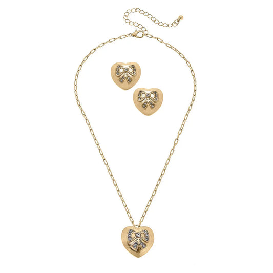 Rylan Pave Bow Heart Earring and Necklace Set