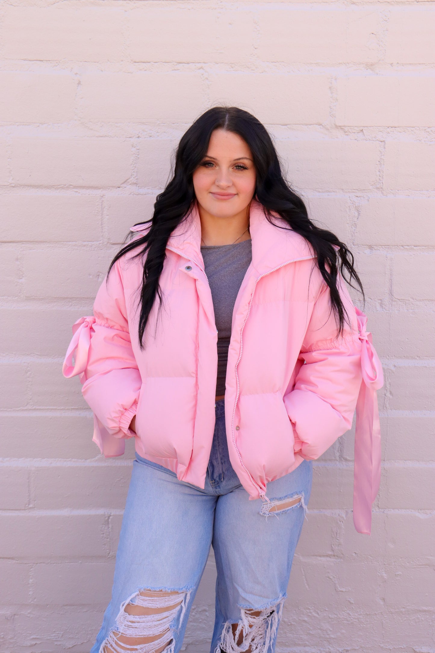 Lana Baby Pink Bow Puffer Jacket