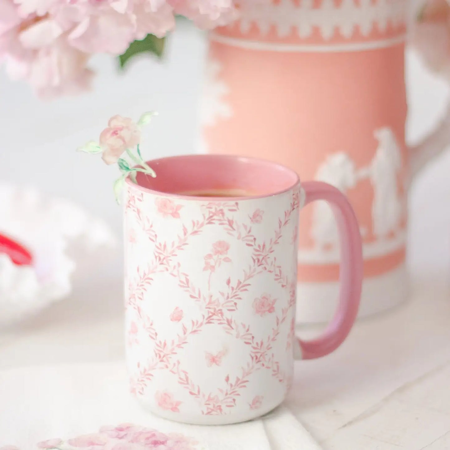 Pink Rosebud Trellis 15oz Tall Watercolor Mug