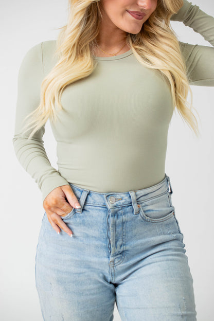 Addy Light Sage Ribbed Long Sleeve Bodysuit