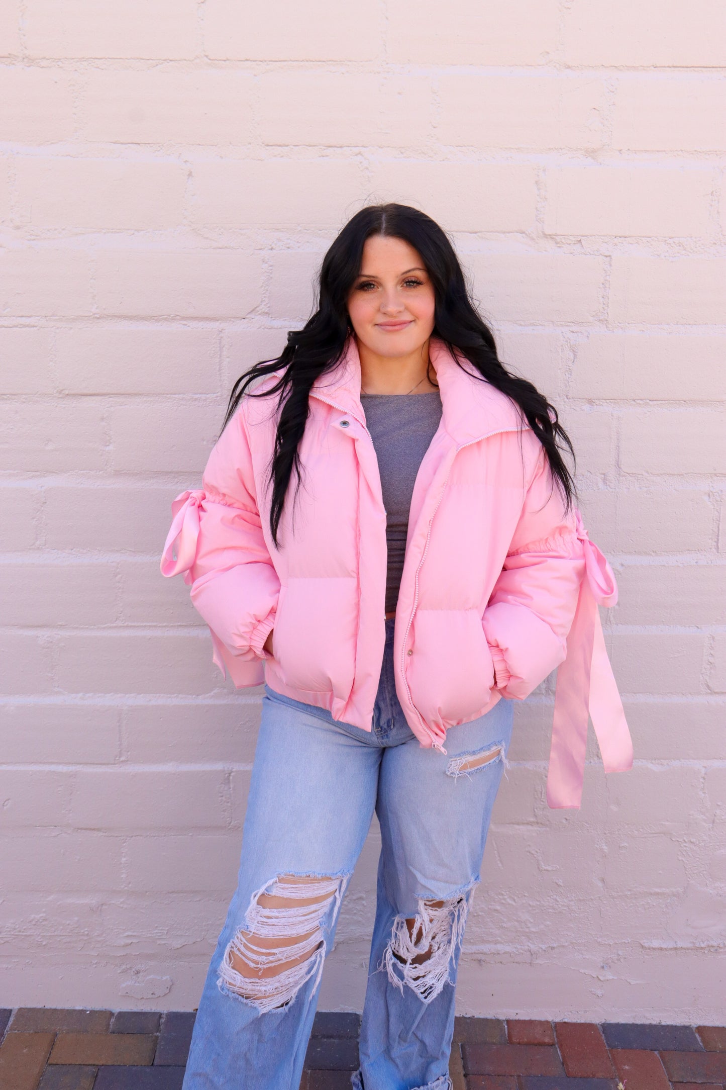 Lana Baby Pink Bow Puffer Jacket