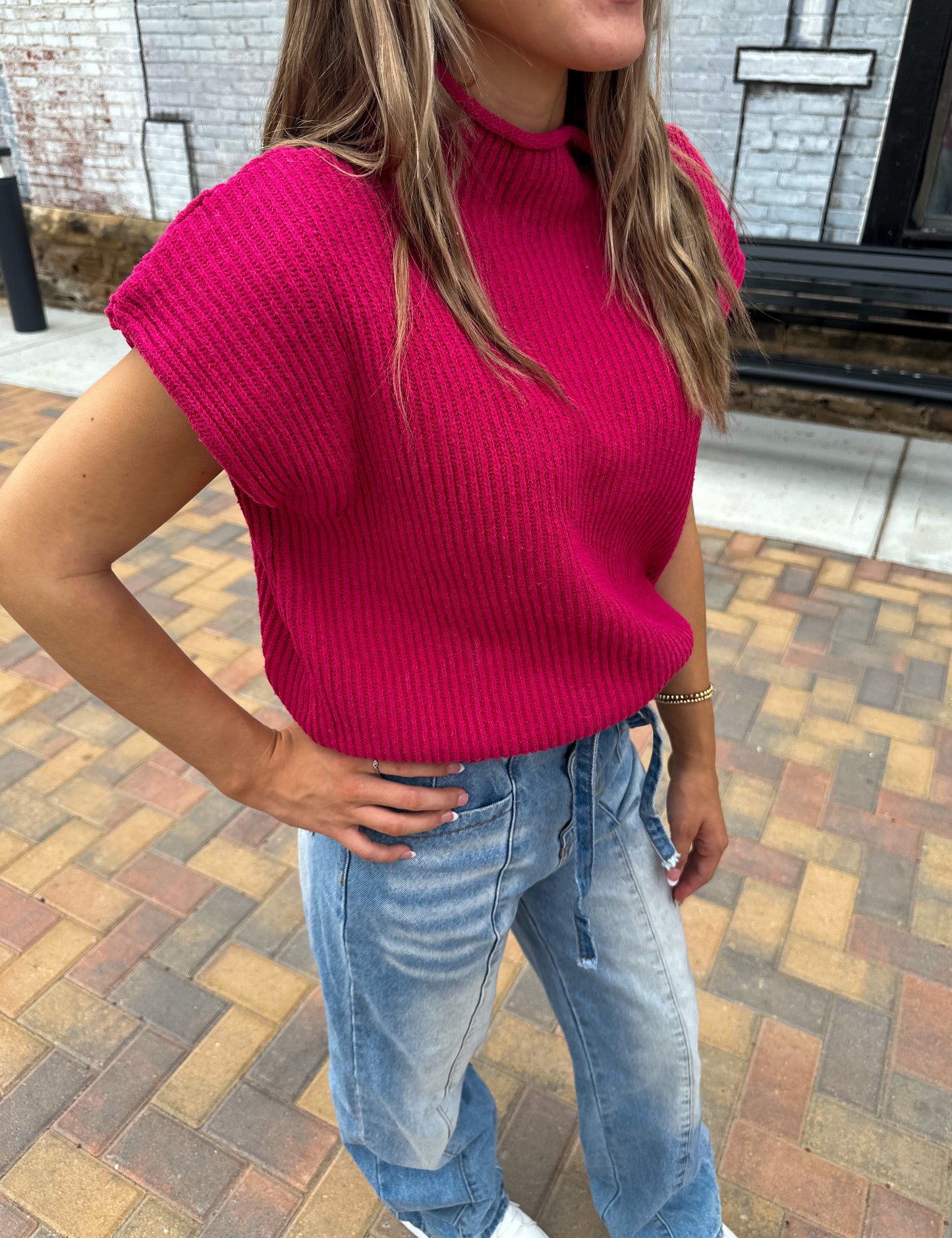 All That Power Shoulder Sweater- Fuchsia