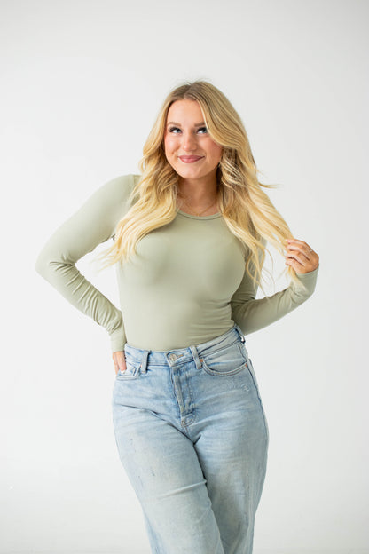 Addy Light Sage Ribbed Long Sleeve Bodysuit