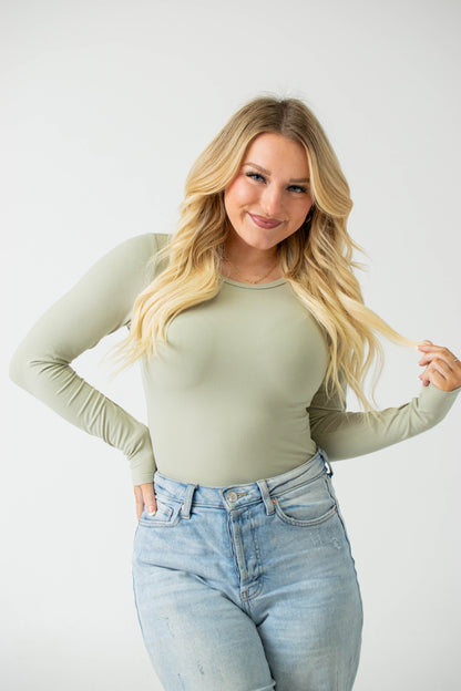 Addy Light Sage Ribbed Long Sleeve Bodysuit