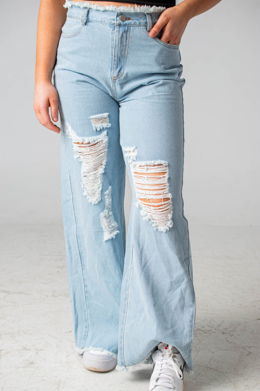 Raw Hem Distressed Wide Leg Jean