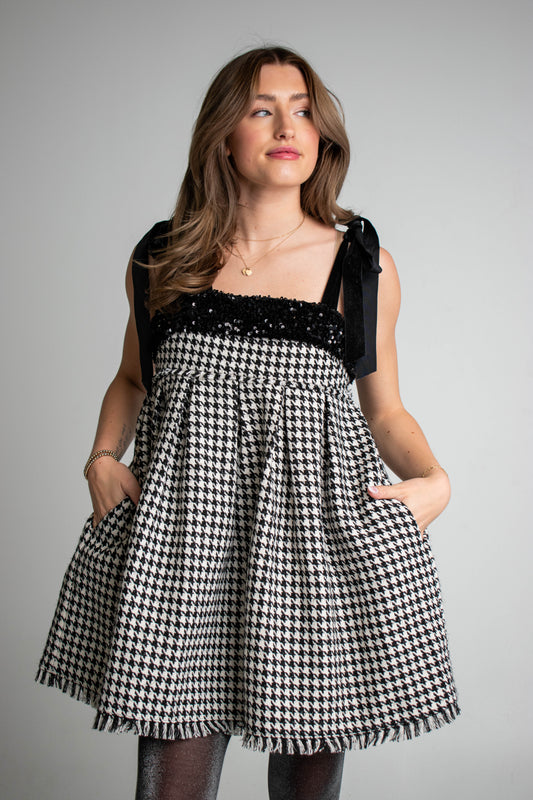 Sabrina Houndstooth Tweed Sequin Dress