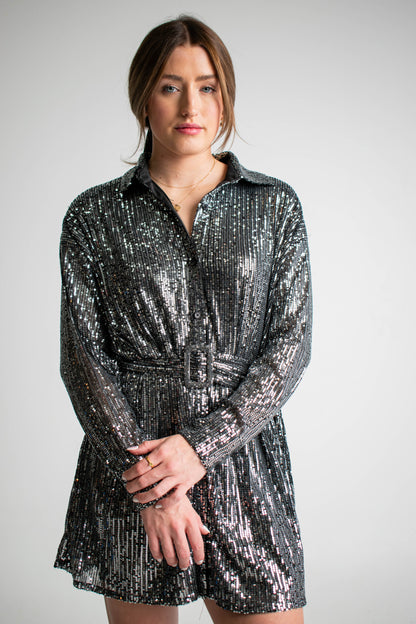 Mirrorball Sequin Shirt Dress Black Silver