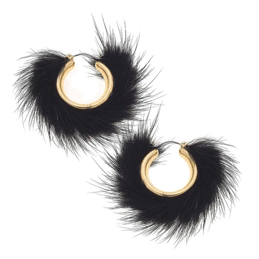 Glenda Black Faux Fur Hoop Earrings